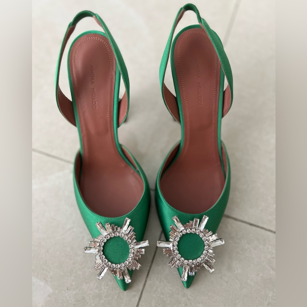 Amina Muaddi begum green satin slingback pump